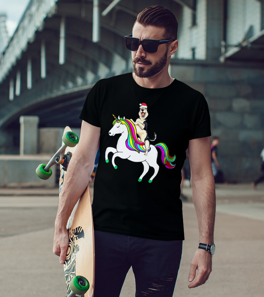 Pug Christmas Dog Riding Rainbow Unicorn T-Shirt