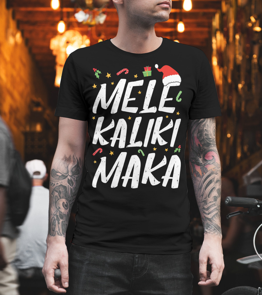 Mele Kalikimaka Christmas Hawaii Santa Hat Candy Canes Holly Presents T-Shirt