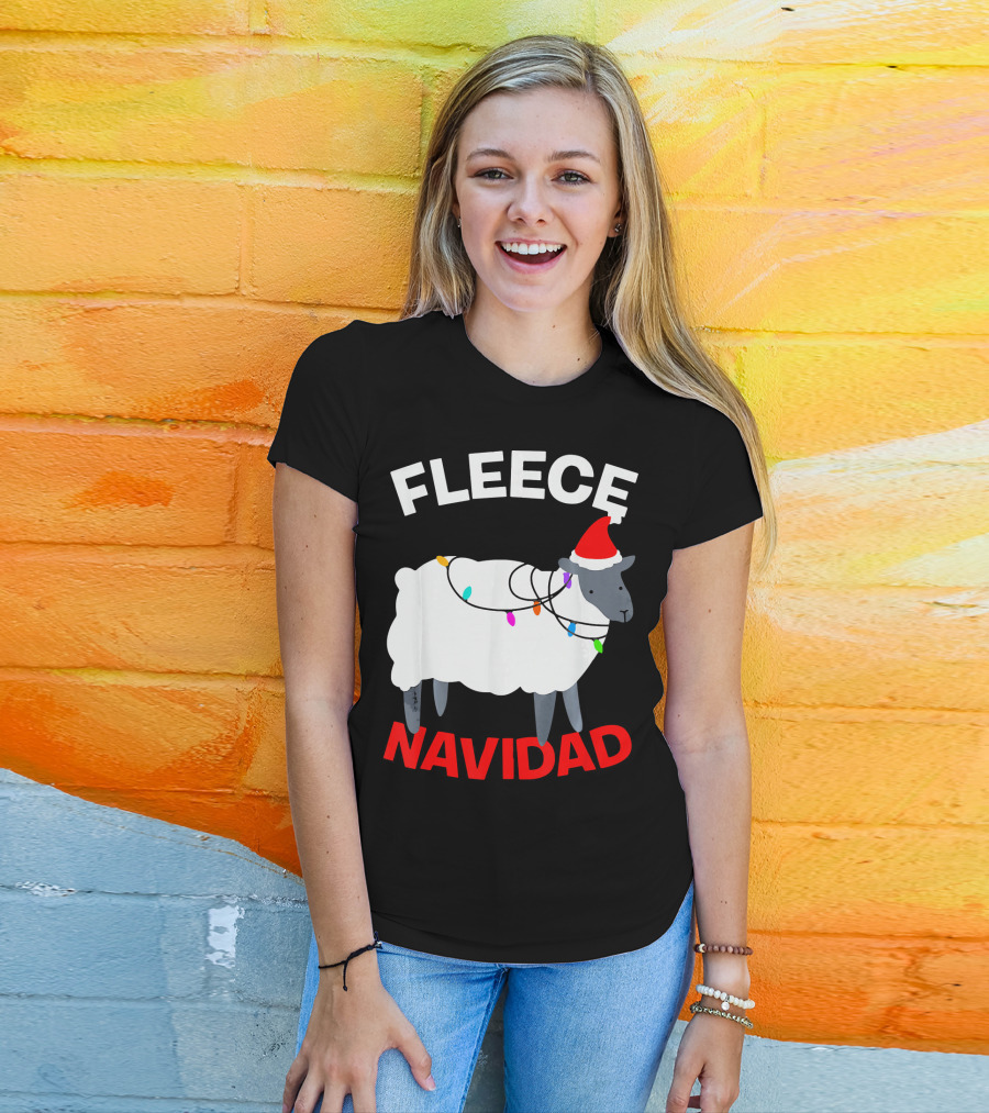 Fleece Navidad Funny Christmas Sheep Santa Hat Lights T-Shirt
