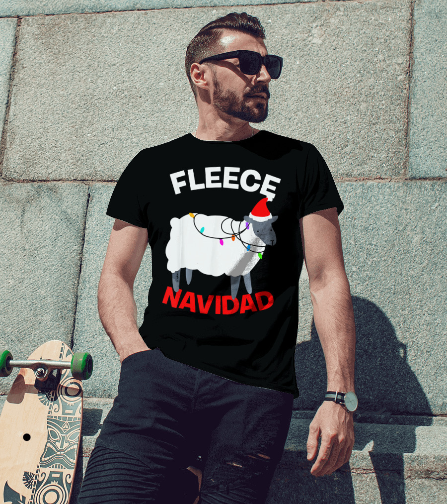 Fleece Navidad Funny Christmas Sheep Santa Hat Lights T-Shirt