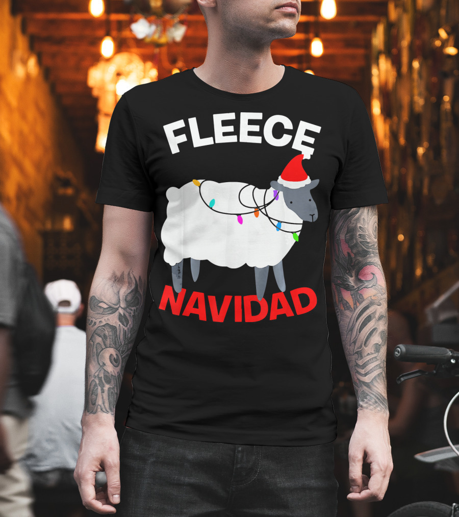Fleece Navidad Funny Christmas Sheep Santa Hat Lights T-Shirt