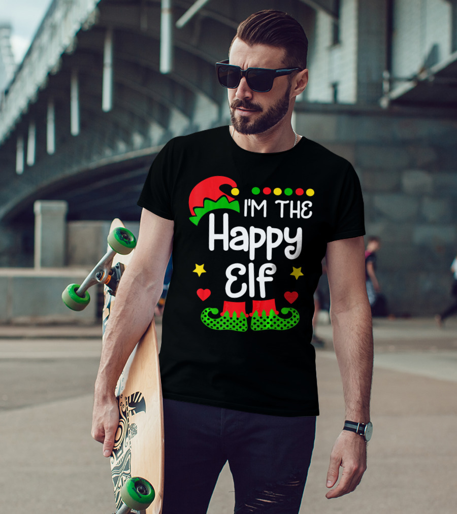 I'm The Happy Elf Christmas Hat Stars Hearts Dots T-Shirt