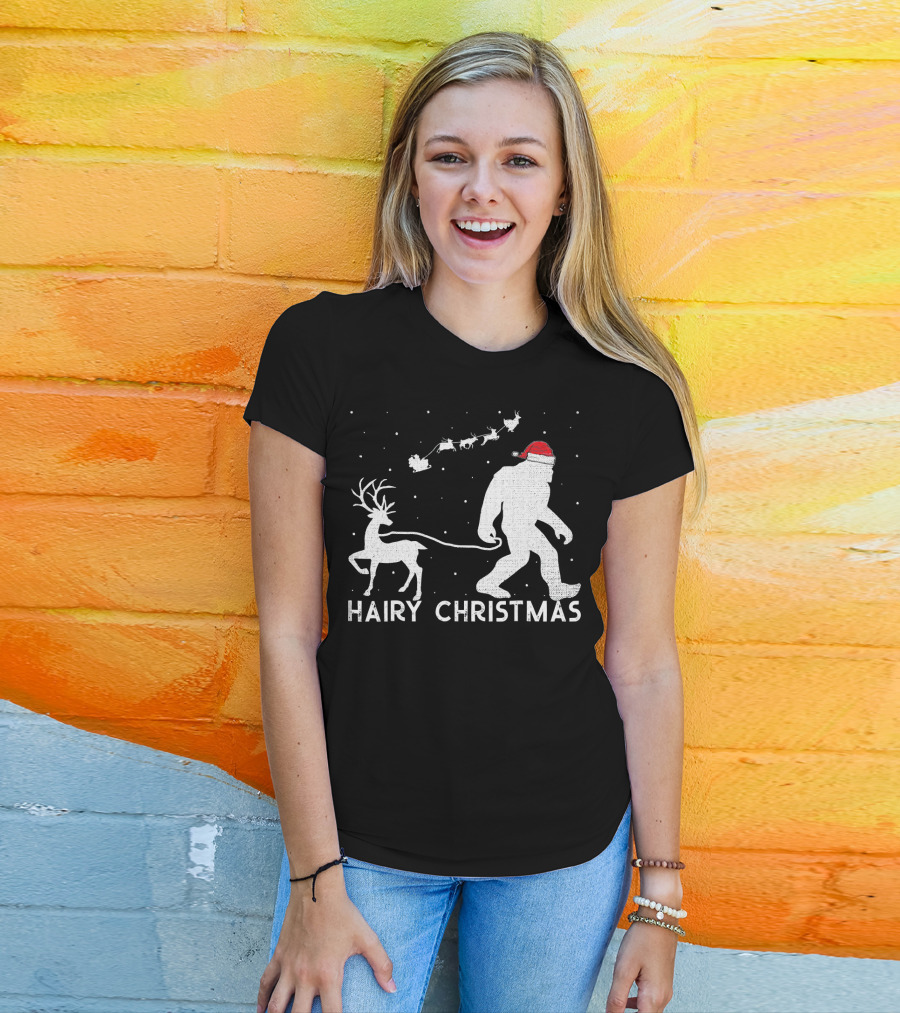 Hairy Christmas Bigfoot Santa Reindeer Snow Scene T-Shirt