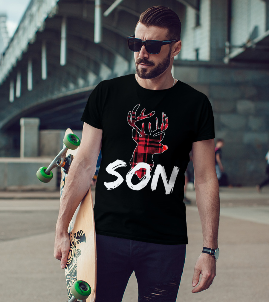 Son Family Matching Christmas Red Plaid Reindeer T-Shirt