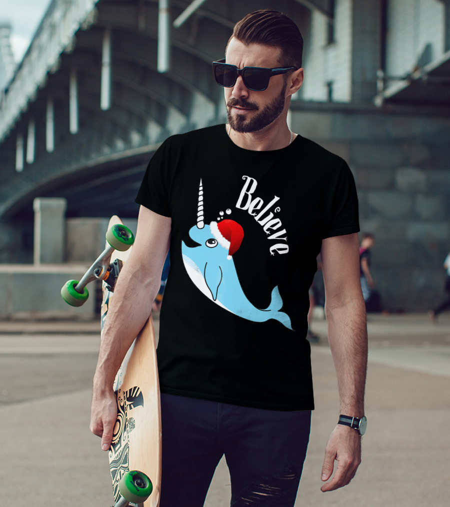 Believe Narwhal Christmas Cute Unicorn Santa Hat T-Shirt