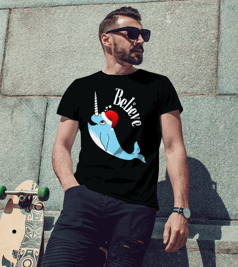 Believe Narwhal Christmas Cute Unicorn Santa Hat T-Shirt