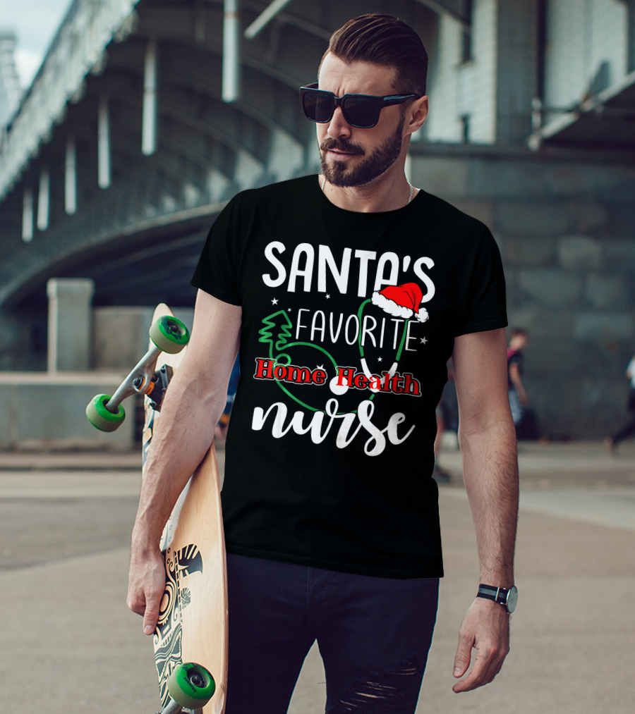 Santa's Favorite Home Health Nurse Stethoscope Christmas Hat Tree Stars T-Shirt