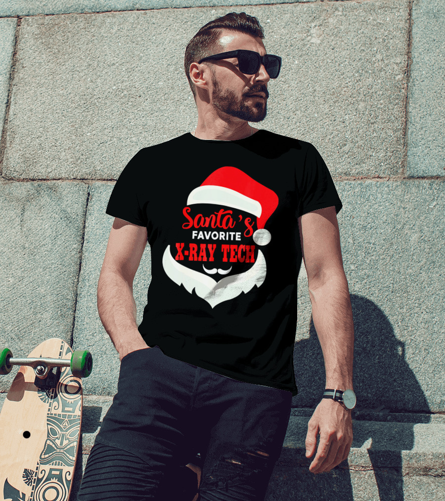 Santa's Favorite X-Ray Tech Christmas Santa Hat And Beard T-Shirt