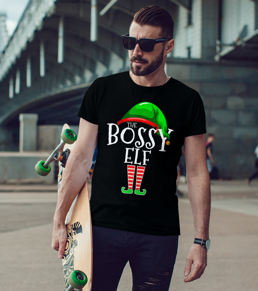 The Bossy Elf Green Hat Red Striped Legs T-Shirt