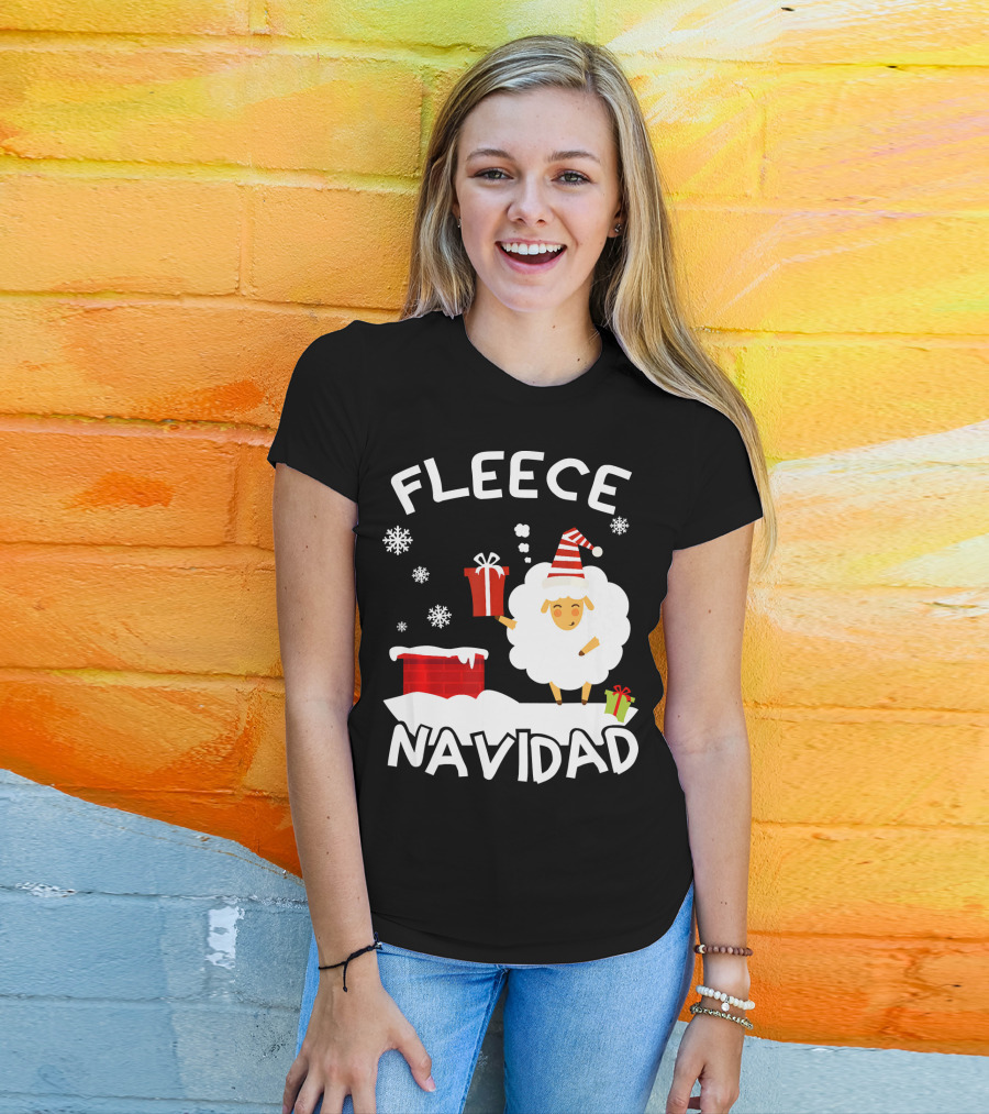 Fleece Navidad Sheep With Santa Hat And Gift Chimney Snowflakes T-Shirt
