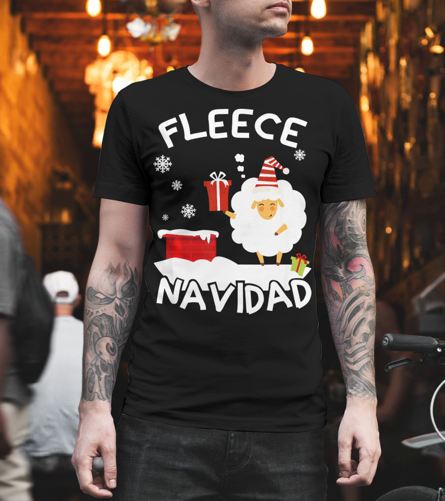 Fleece Navidad Sheep with Santa Hat and Gift Chimney Snowflakes T-Shirt