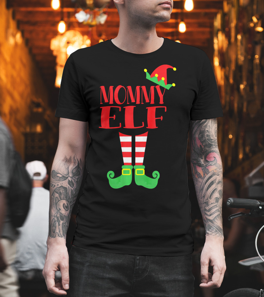 Mommy ELF Christmas Hat and Striped Socks Festive Season T-Shirt