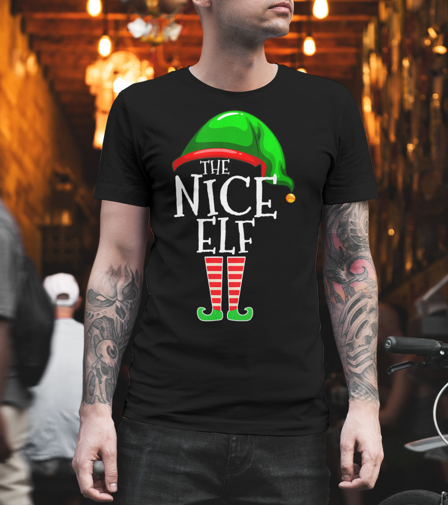 The Nice Elf Group Matching Family Christmas Hat and Striped Leg T-Shirt