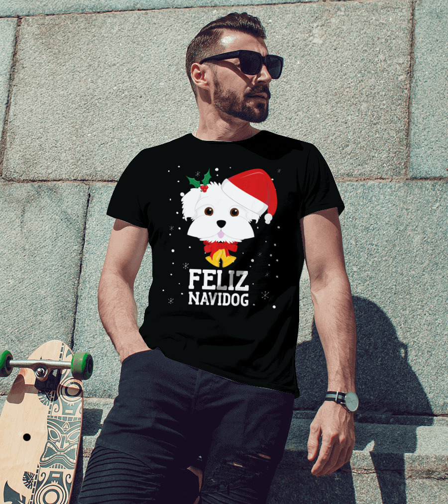 Feliz Navidog Christmas Dog In Santa Hat Maltese T-Shirt