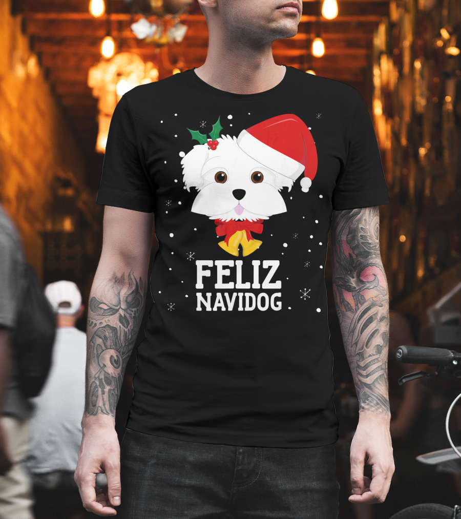Feliz Navidog Christmas Dog in Santa Hat Maltese T-Shirt