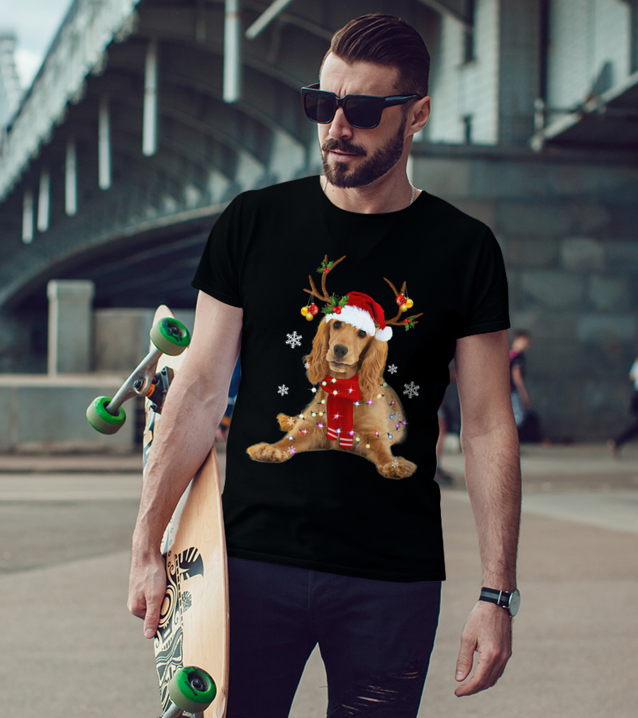 Cocker Spaniel In Santa Hat With Christmas Lights And Reindeer Antlers T-Shirt