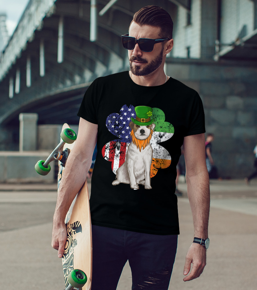 Irish American Parson Terrier Wearing Leprechaun Hat With USA And Ireland Flags Shamrock St. Patrick's Day T-Shirt