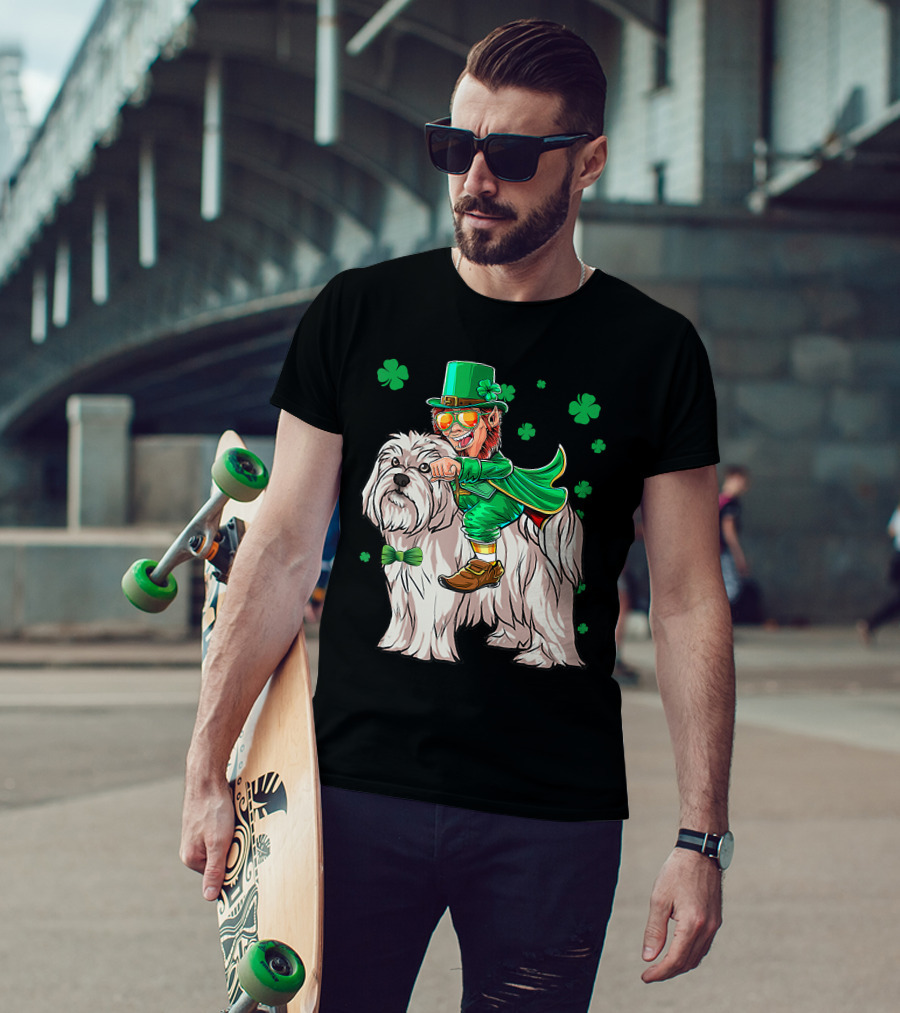 Leprechaun Riding Maltese Dog With Shamrocks T-Shirt