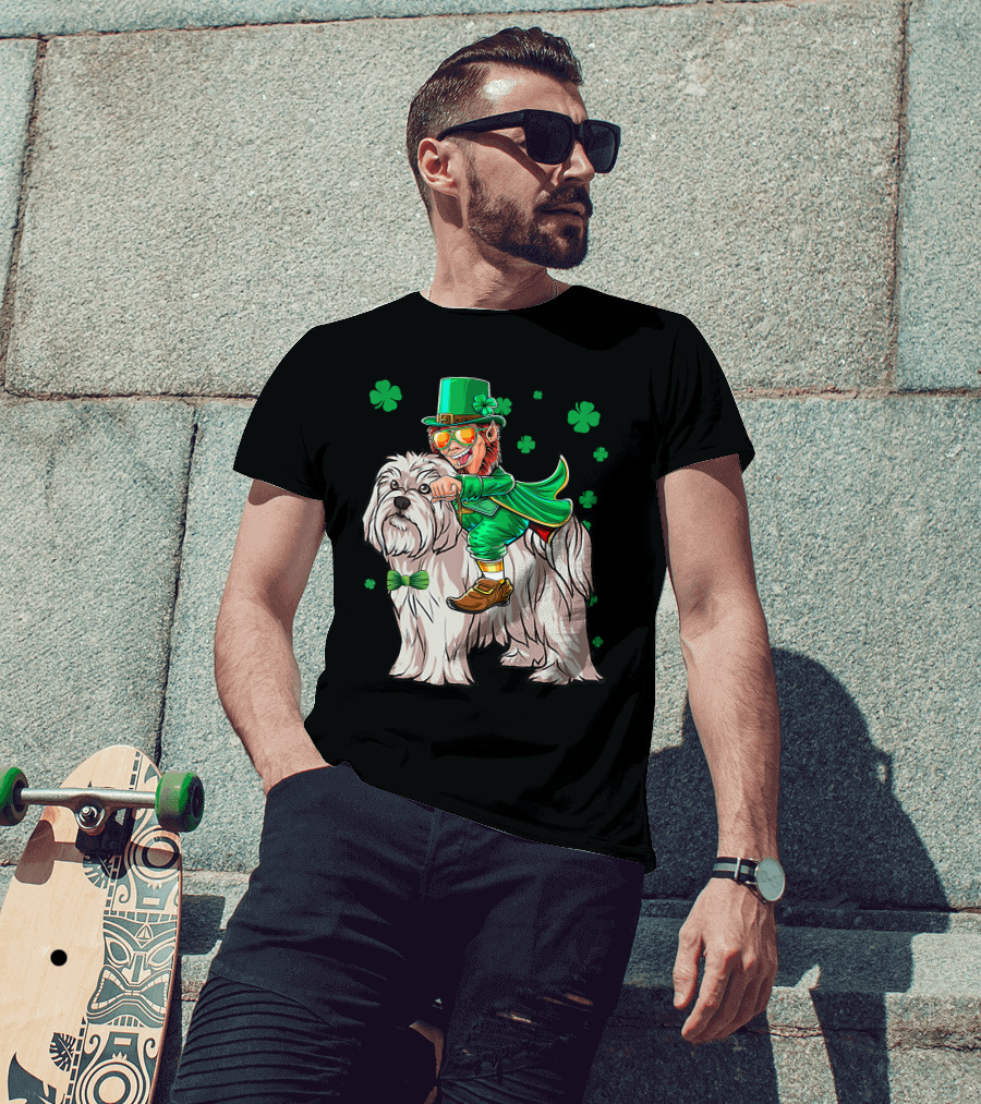 Leprechaun Riding Maltese Dog With Shamrocks T-Shirt