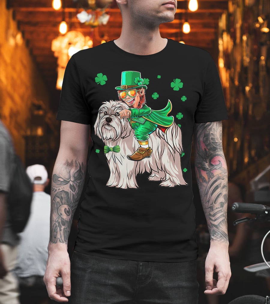 Leprechaun Riding Maltese Dog With Shamrocks T-Shirt