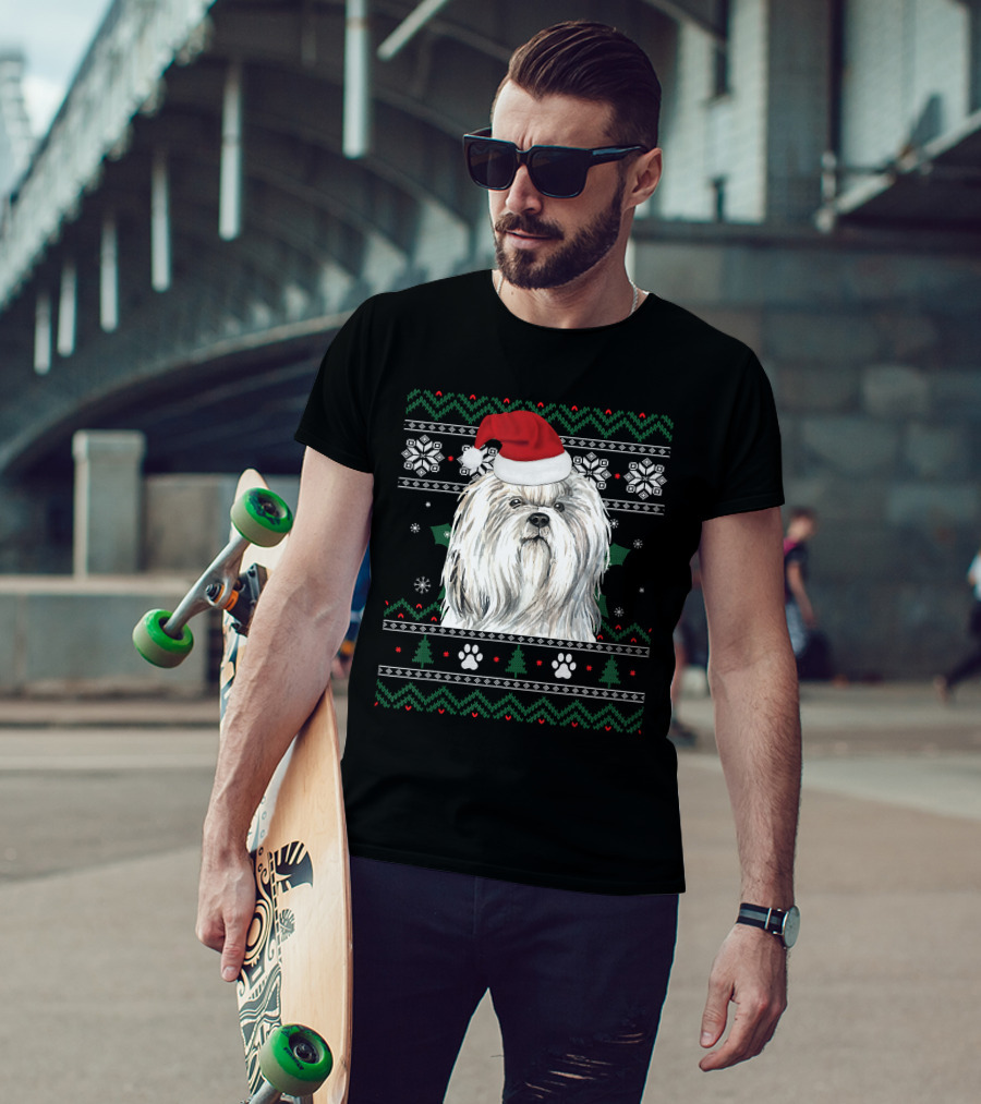 Cute Shih Tzu Dog Wears Santa Hat Christmas Pattern Snowflakes And Trees T-Shirt