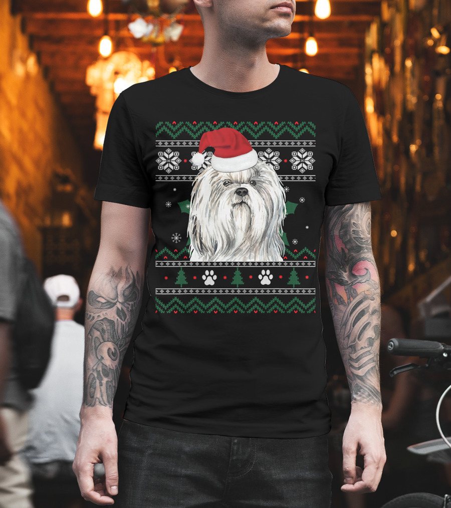 Cute Shih Tzu Dog Wears Santa Hat Christmas Pattern Snowflakes and Trees T-Shirt