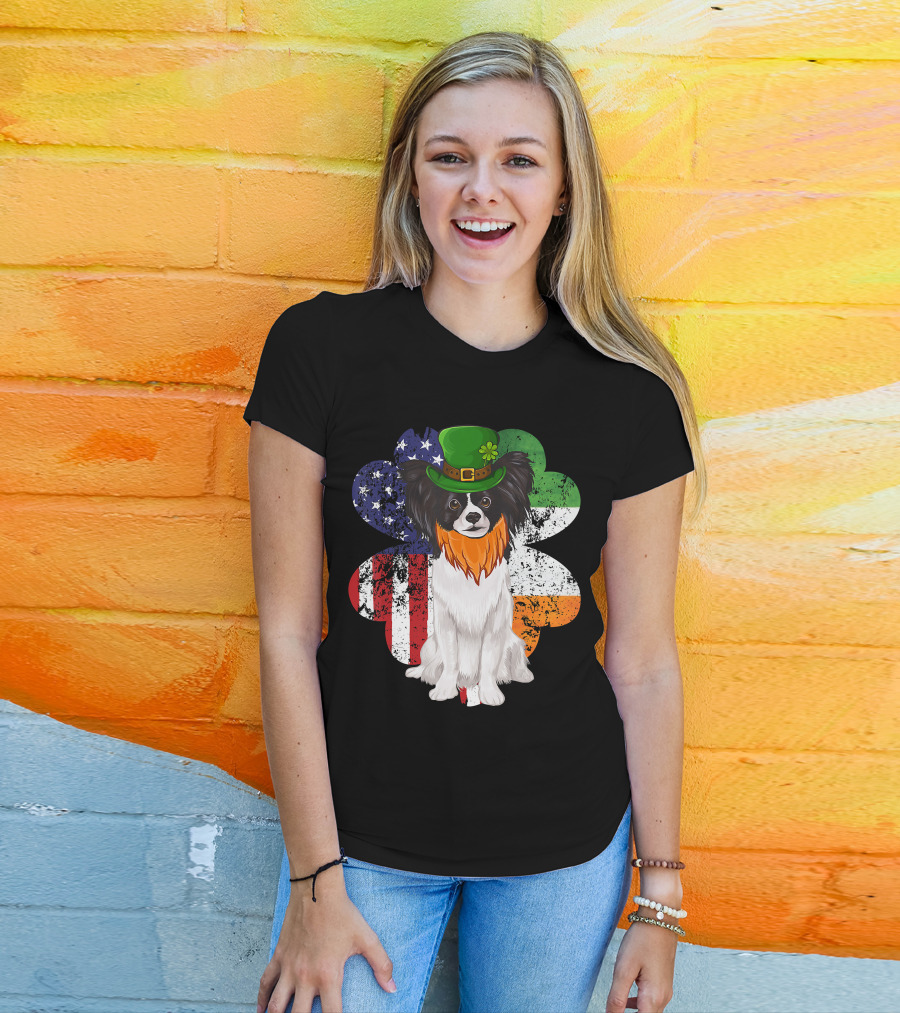 St Patricks Day Irish American Flag Papillon Dog With Leprechaun Hat And Shamrock T-Shirt