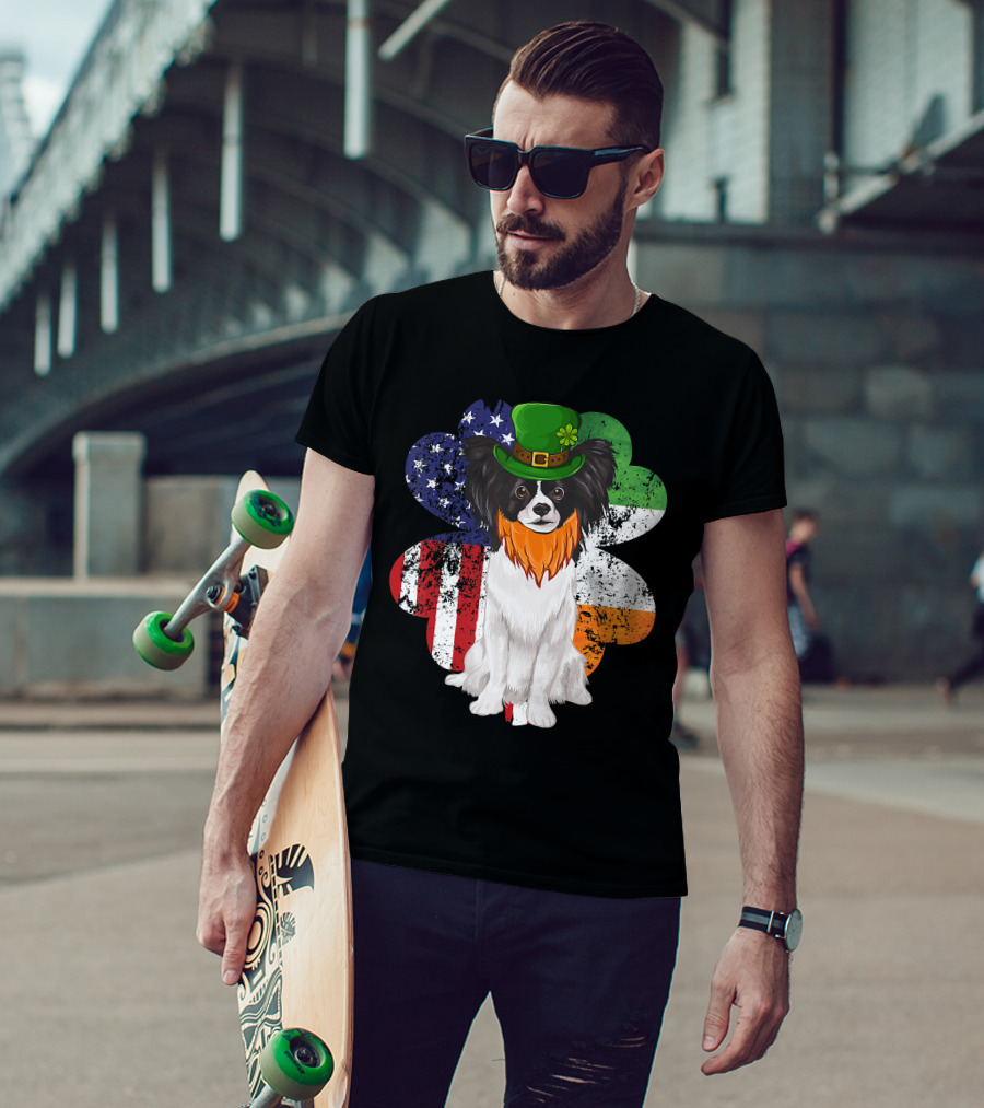 St Patricks Day Irish American Flag Papillon Dog With Leprechaun Hat And Shamrock T-Shirt