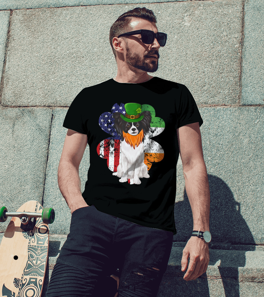 St Patricks Day Irish American Flag Papillon Dog With Leprechaun Hat And Shamrock T-Shirt