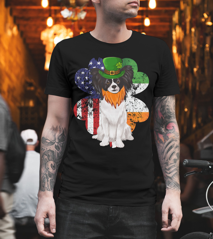 St Patricks Day Irish American Flag Papillon Dog With Leprechaun Hat And Shamrock T-Shirt