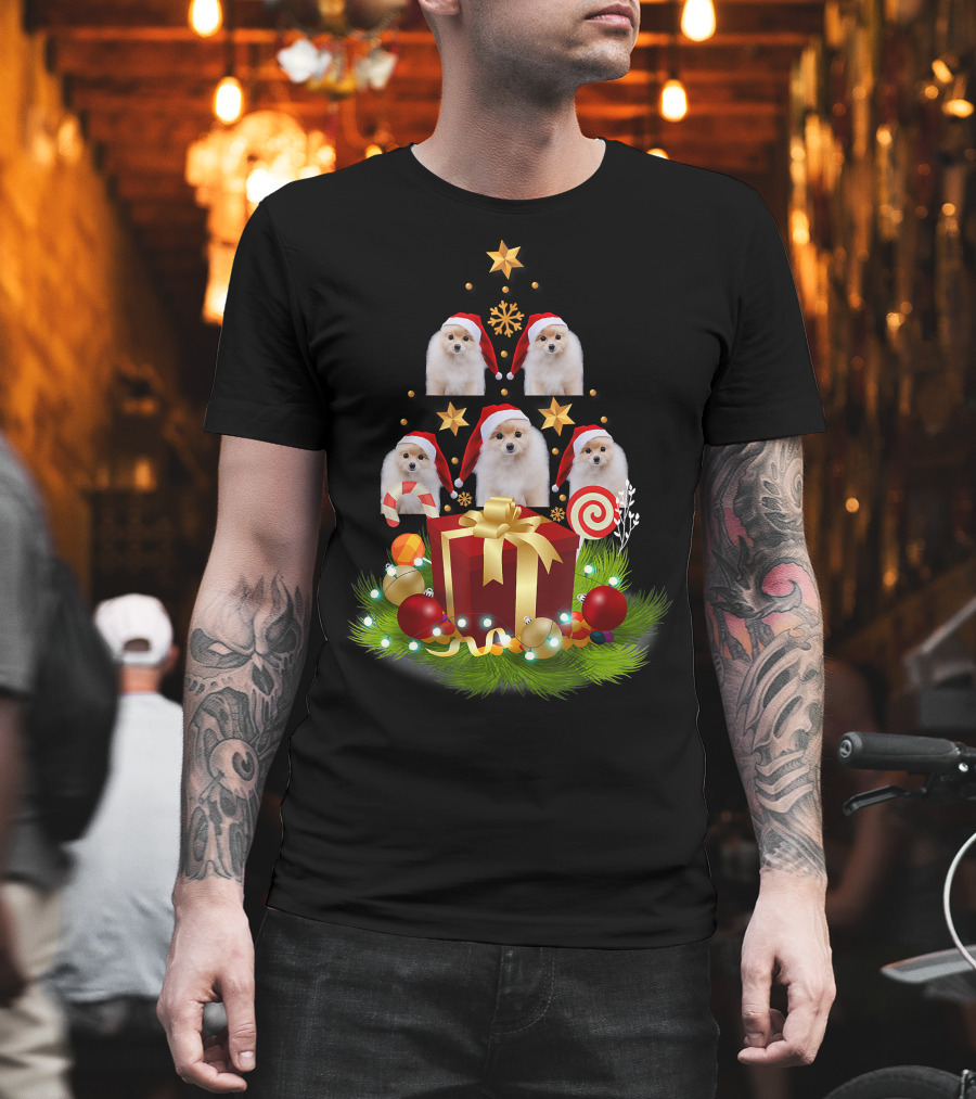 Santa Pomeranian Christmas Tree with Presents and Candy Canes T-Shirt