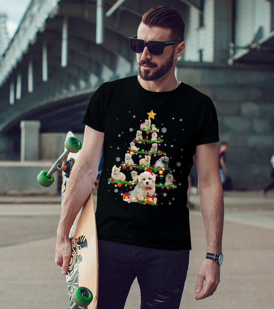 Maltese Christmas Tree With Santa Hat And Paw Up T-Shirt