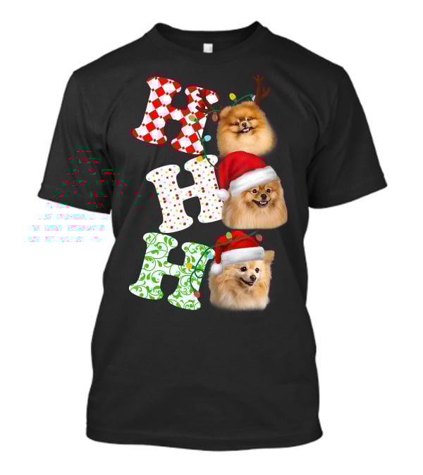 Ho Ho Ho Pomeranian Santa Hat Reindeer Antlers Christmas T-Shirt