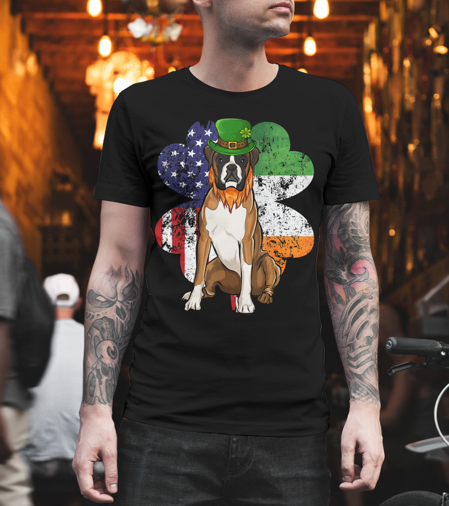 St Patricks Day Boxer Dog With Irish American Flag Shamrock T-Shirt