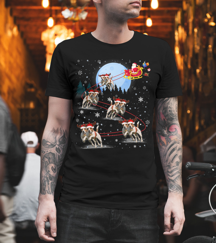 Jack Russell Reindeer Pulling Santa Sleigh Under Moonlit Snowfall T-Shirt