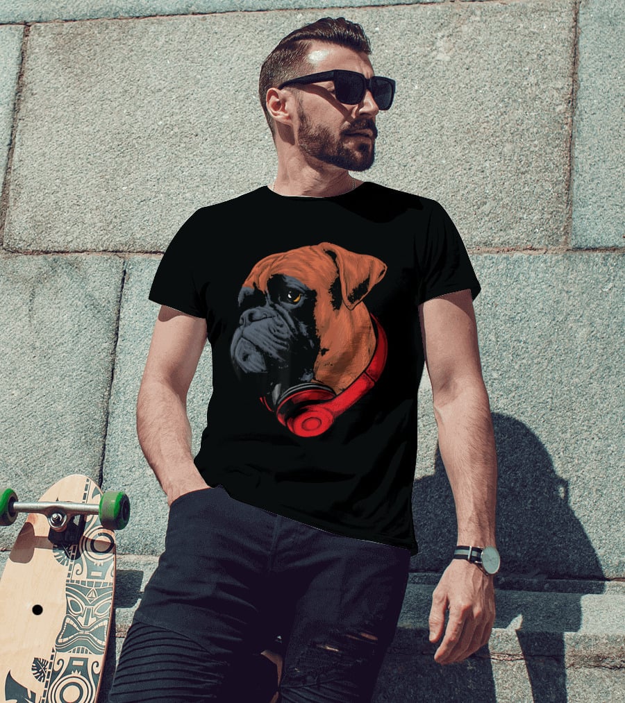Boxer Dog With Red Headphones Cool Gaming T-Shirt