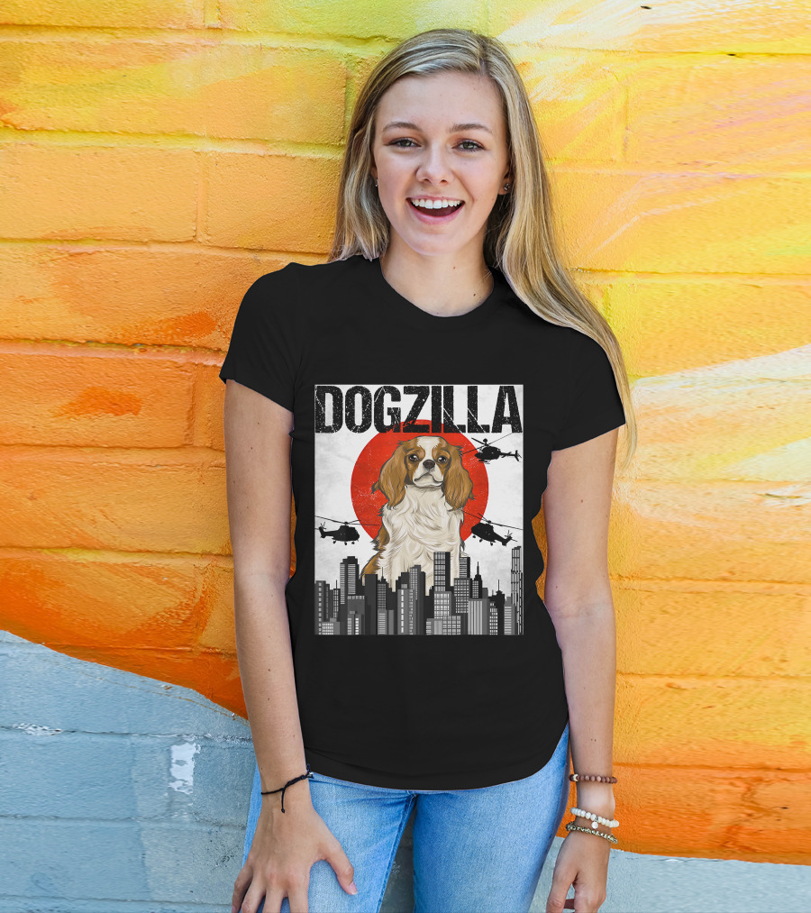 Funny Japanese Dogzilla Cavalier King Charles Helicopter City Skyline T-Shirt
