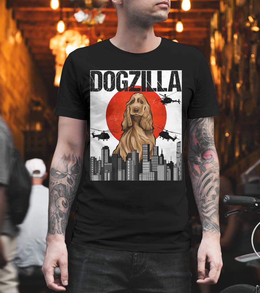 Dogzilla Vintage Japanese Cityscape with English Cocker Spaniel T-Shirt