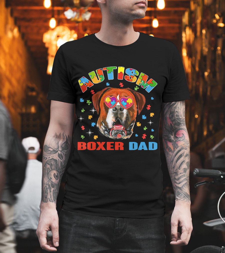Autism Awareness Boxer Dog Dad with Heart Puzzle Glasses T-Shirt