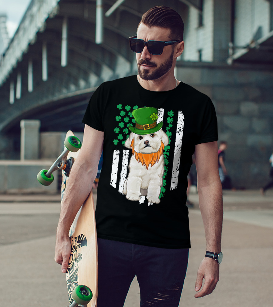 Maltese Dog With Leprechaun Hat And Shamrocks On Irish American Flag For St Patrick's Day T-Shirt