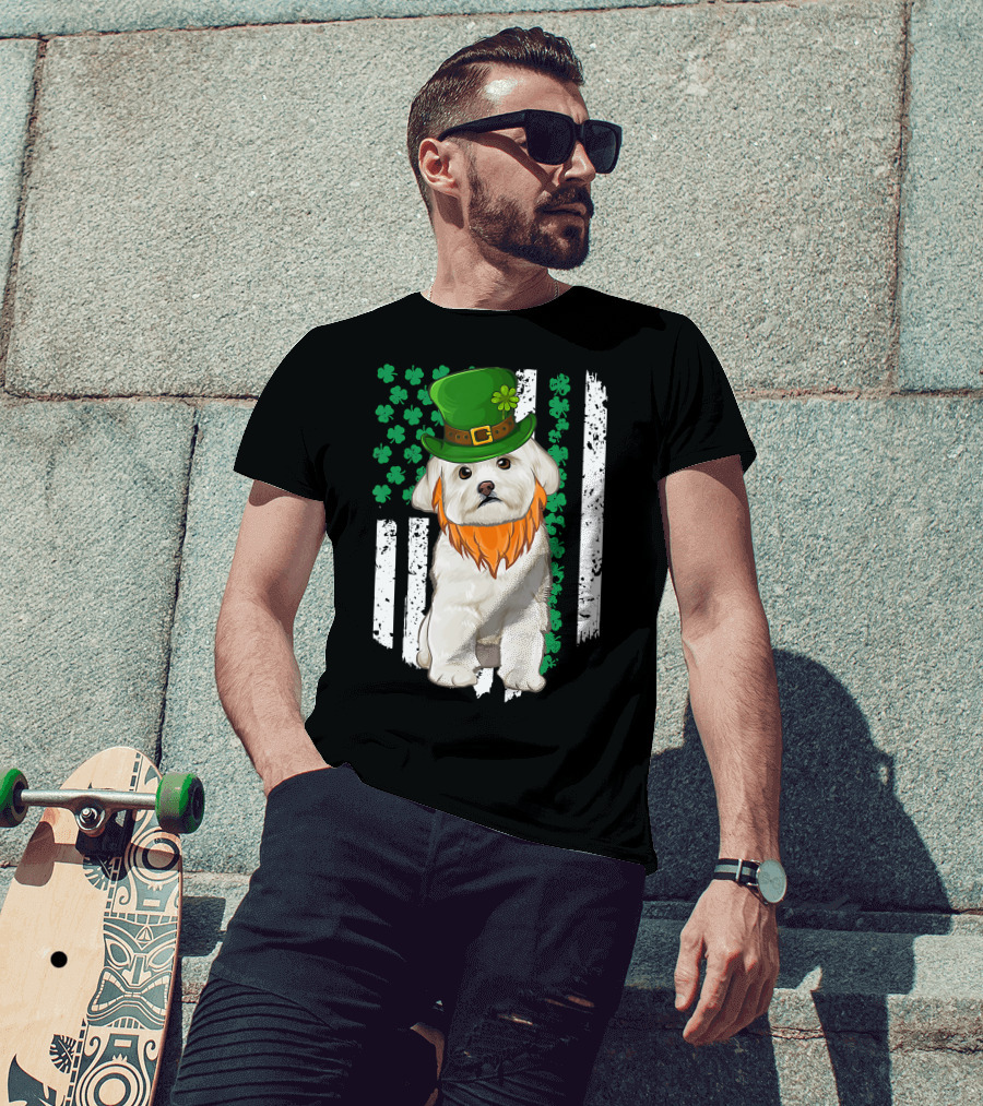 Maltese Dog With Leprechaun Hat And Shamrocks On Irish American Flag For St Patrick's Day T-Shirt