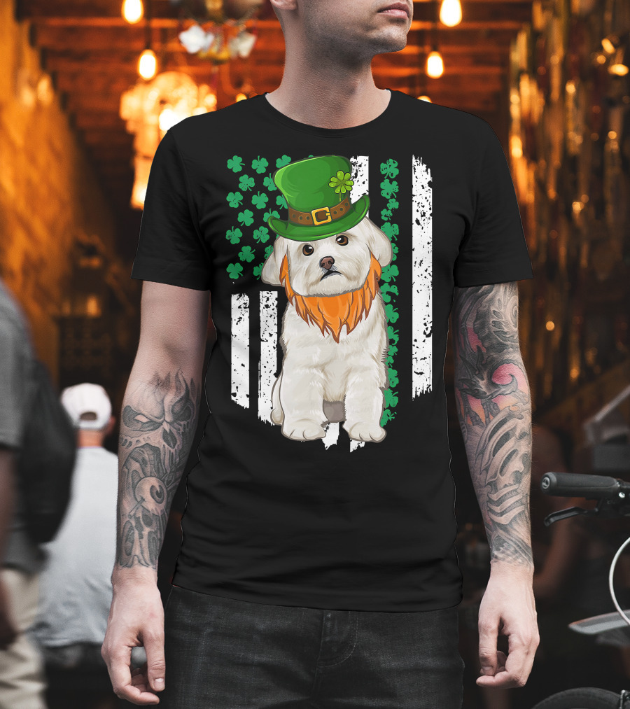 Maltese Dog with Leprechaun Hat and Shamrocks on Irish American Flag for St Patrick's Day T-Shirt