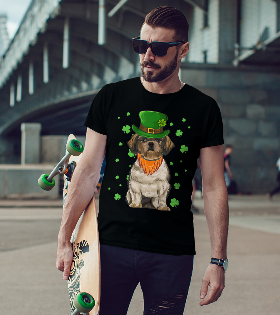 St Patricks Day Shih Tzu Dog With Green Hat And Shamrocks T-Shirt