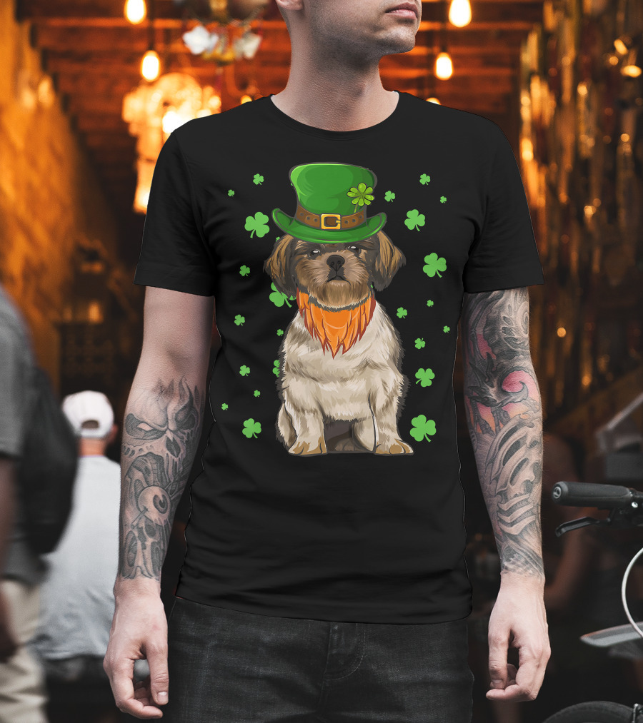 St Patricks Day Shih Tzu Dog With Green Hat And Shamrocks T-Shirt