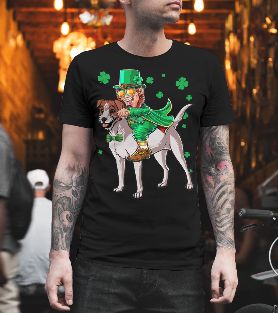 Leprechaun Jack Russell Terrier Riding Shamrock Luck T-Shirt