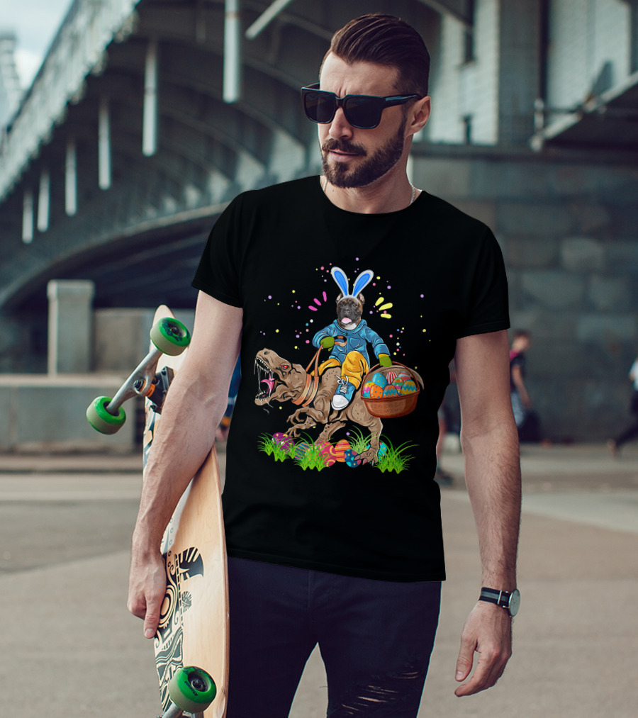 Bunny Boxer Dog Riding Rex Dinosaur With Easter Eggs Basket T-Shirt