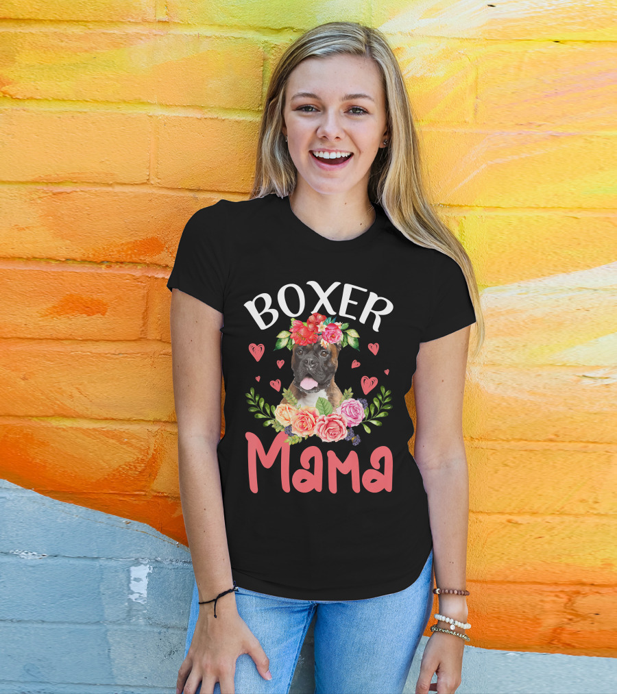 Boxer Mama Floral Dog Heart Blossoms T-Shirt