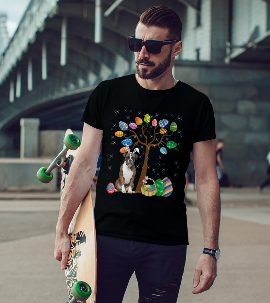 Boxer Dog With Easter Egg Tree And Bunny Ears For Easter Day T-Shirt