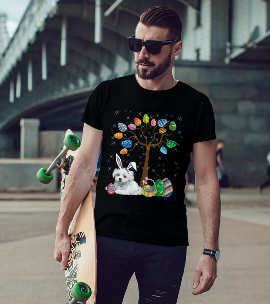 Maltese Dog With Bunny Ears Hunting Easter Eggs On Egg Tree T-Shirt