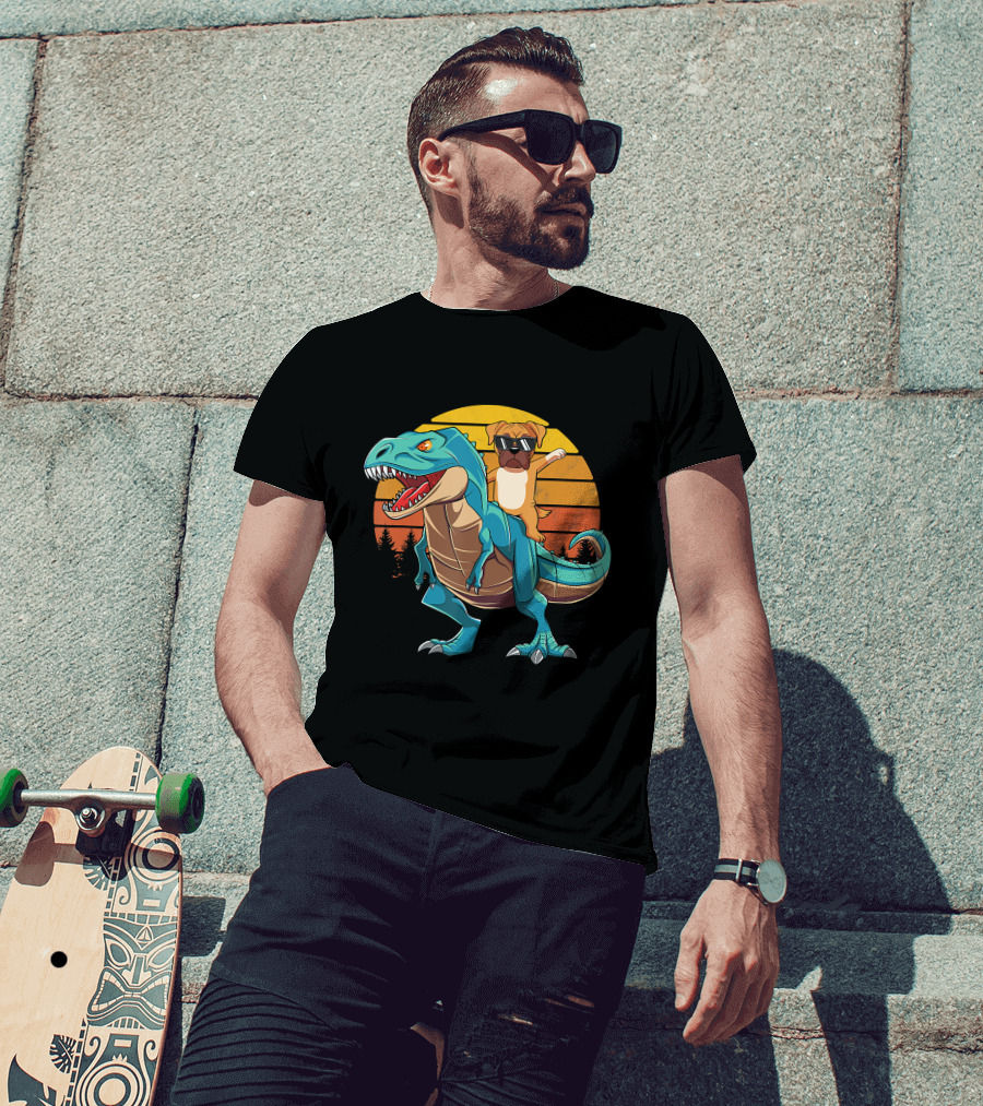 Boxer Dog With Sunglasses Riding Blue T-Rex Against Sunset Background T-Shirt